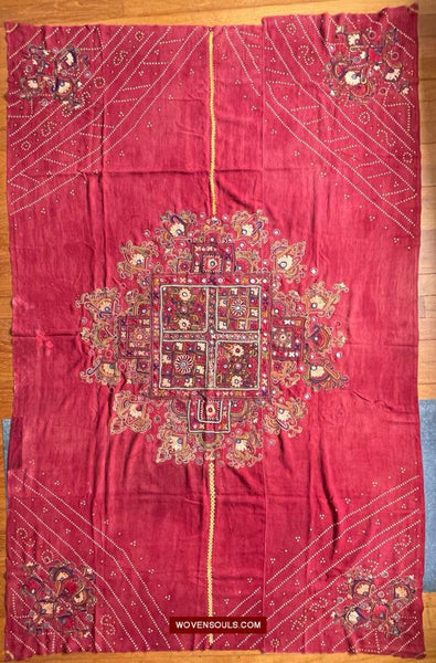 1607 Old Thar Rajasthan Wedding Odhana Shawl - Embroidery Bandhini & Mirrorwork-WOVENSOULS Antique Textiles & Art Gallery