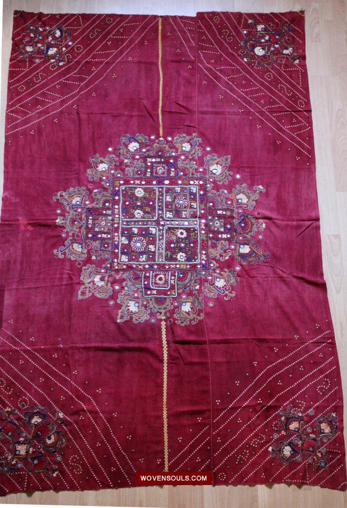 1607 Old Thar Rajasthan Wedding Odhana Shawl - Embroidery Bandhini & Mirrorwork-WOVENSOULS Antique Textiles &amp; Art Gallery