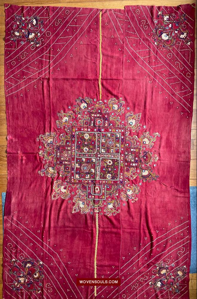 1607 Old Thar Rajasthan Wedding Odhana Shawl - Embroidery Bandhini & Mirrorwork-WOVENSOULS Antique Textiles &amp; Art Gallery