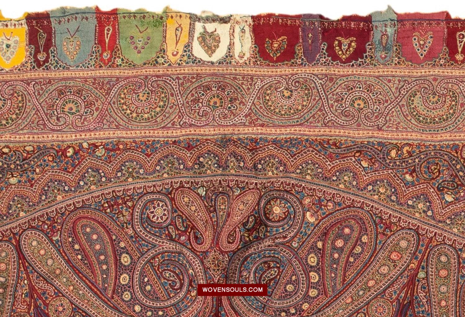 1608 Old Kashmir Silk Embroidered Amli Shawl Rumal - WOVENSOULS