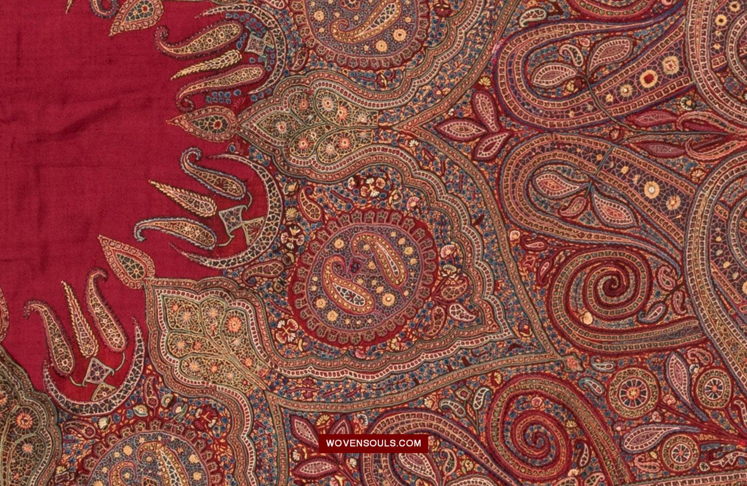 1608 Old Kashmir Silk Embroidered Amli Shawl Rumal - WOVENSOULS