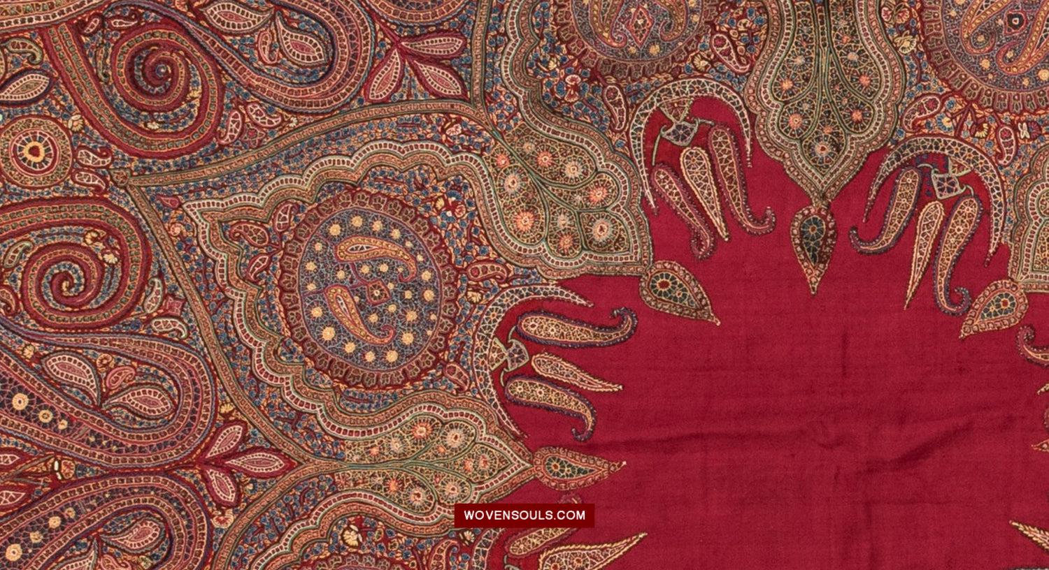 1608 Old Kashmir Silk Embroidered Amli Shawl Rumal - WOVENSOULS