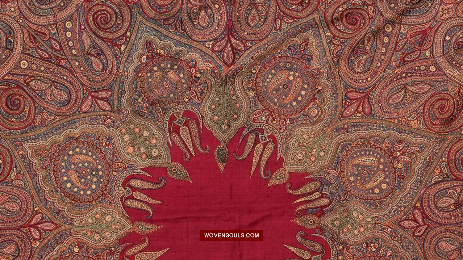 1608 Old Kashmir Silk Embroidered Amli Shawl Rumal - WOVENSOULS