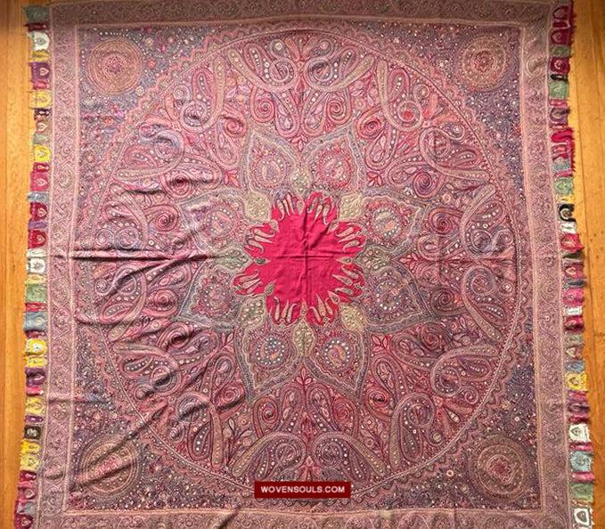 1608 Old Kashmir Silk Embroidered Amli Shawl Rumal-WOVENSOULS Antique Textiles &amp; Art Gallery