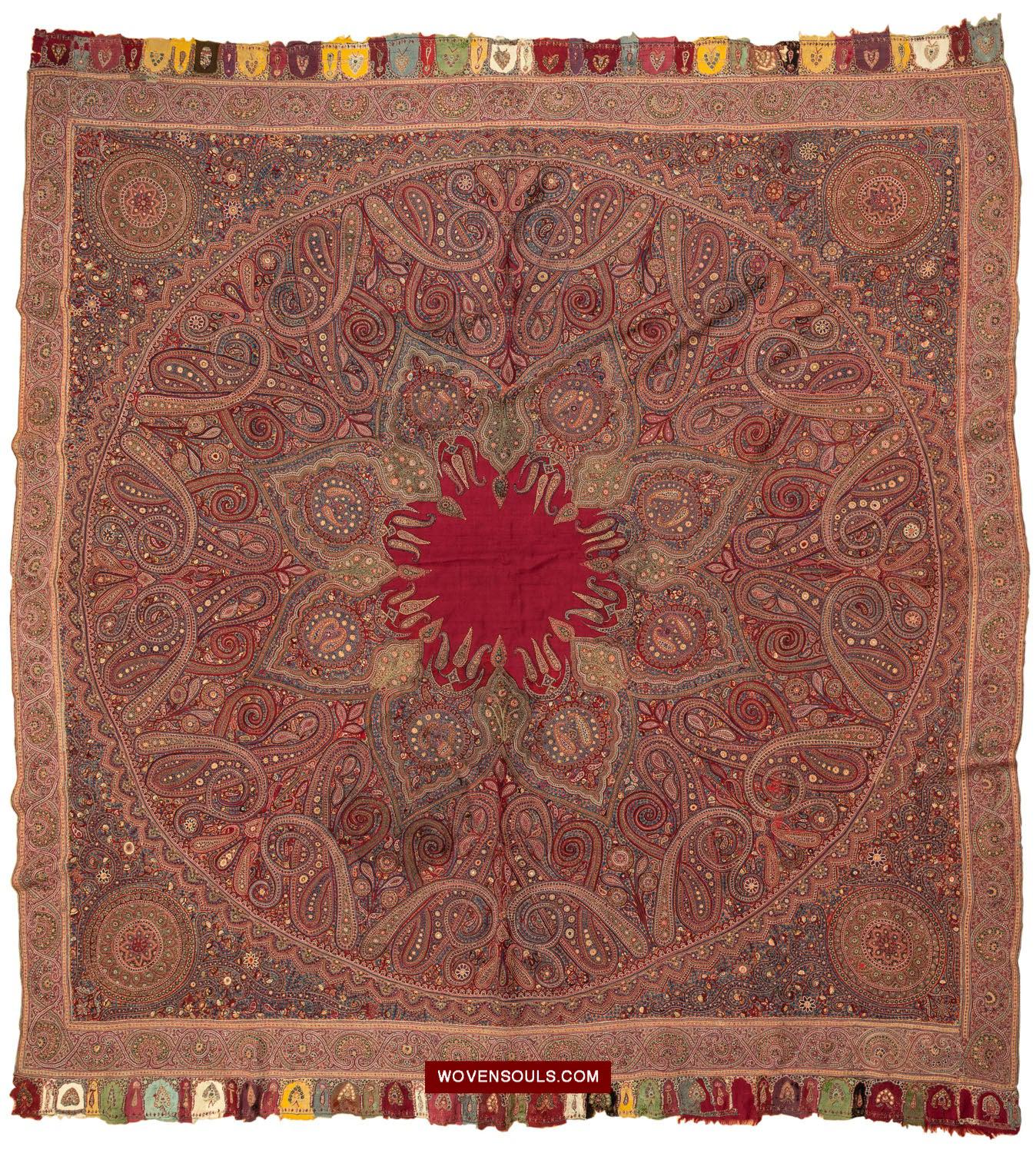 1608 Old Kashmir Silk Embroidered Amli Shawl Rumal-WOVENSOULS Antique Textiles &amp; Art Gallery