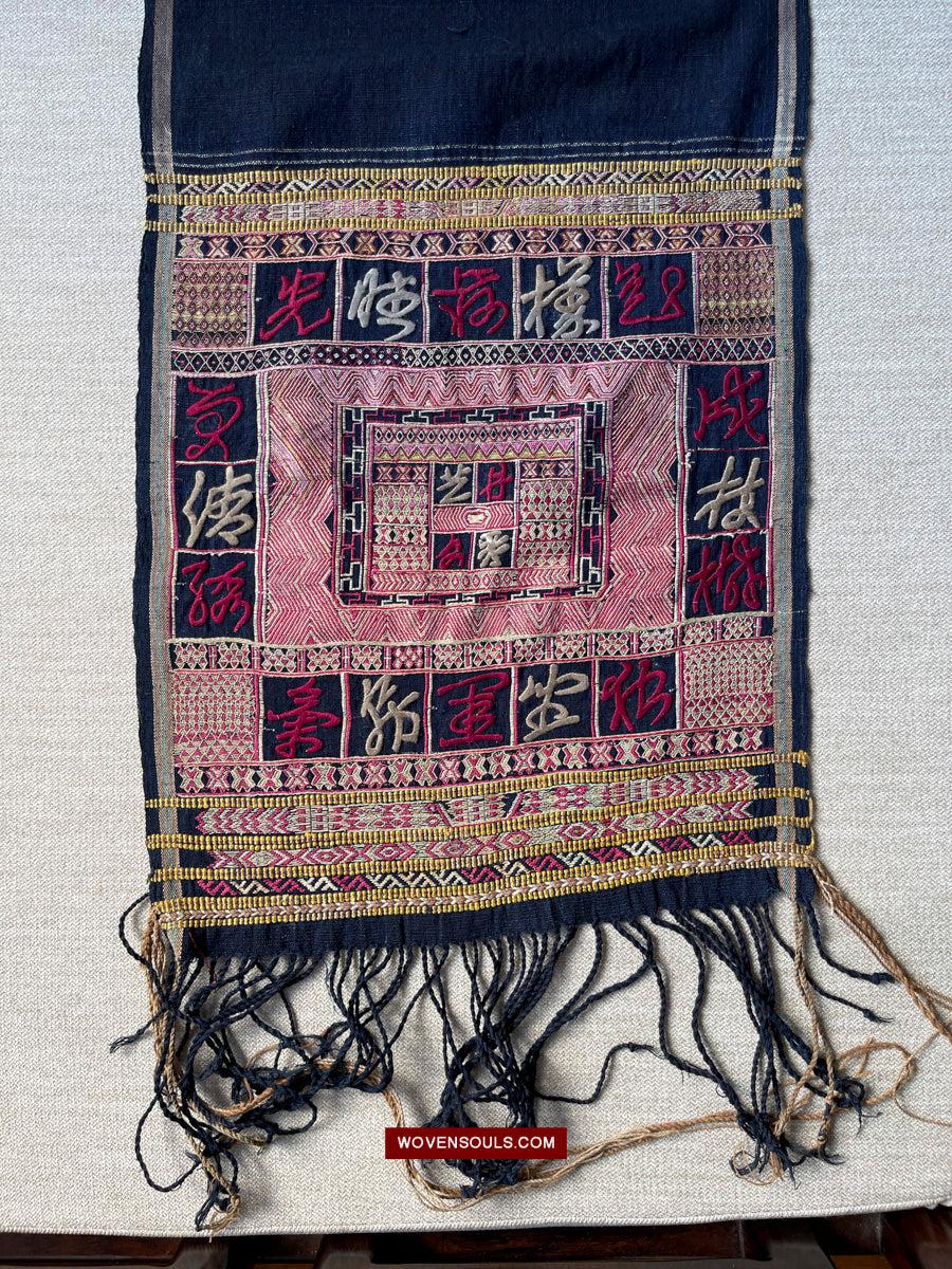 1612 Old Chinese Hainan Meifu Li Ethnic Minority Head wrap turban w Magenta Inscription-WOVENSOULS Antique Textiles &amp; Art Gallery