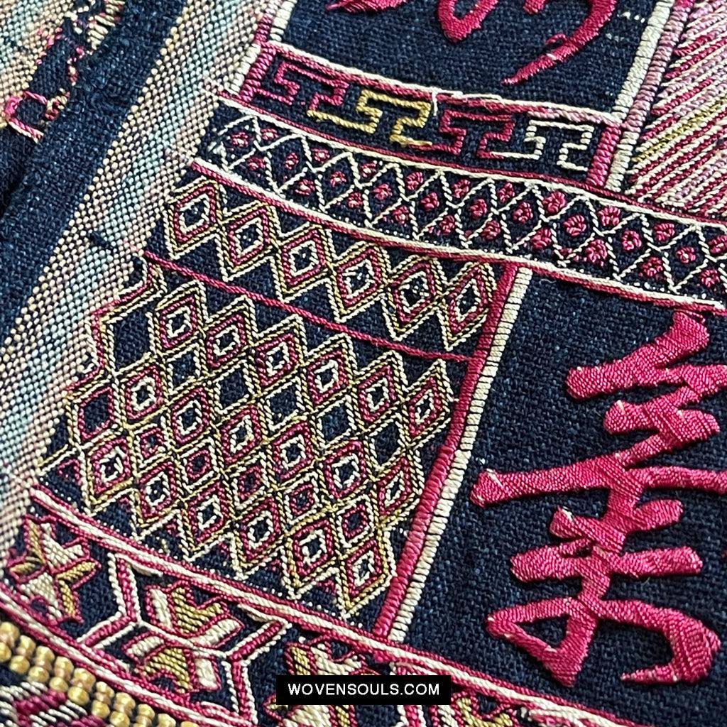 1612 Old Chinese Hainan Meifu Li Ethnic Minority Head wrap turban w Magenta Inscription-WOVENSOULS Antique Textiles &amp; Art Gallery