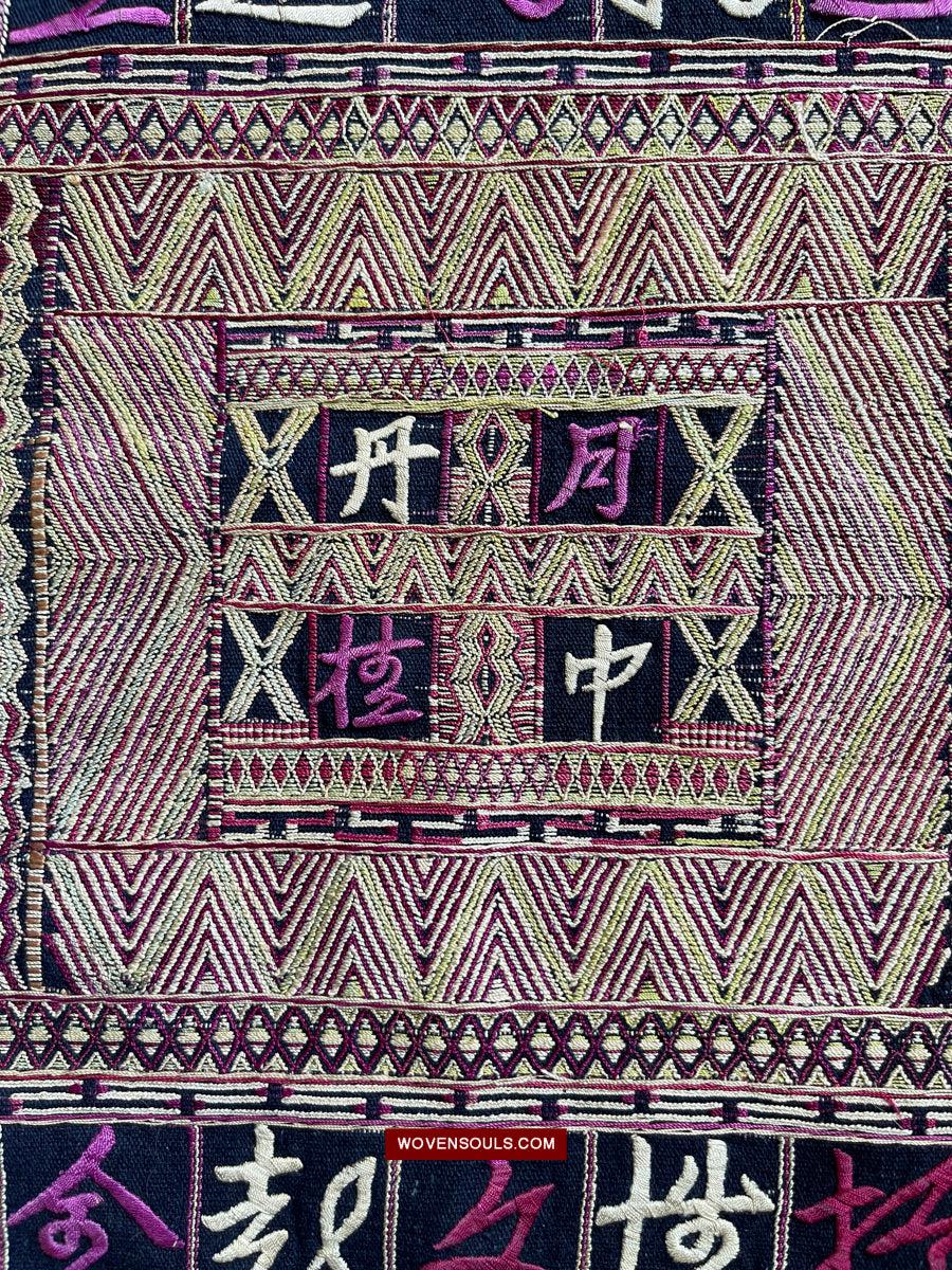 1613 Old Chinese Hainan Meifu Li Ethnic Minority Head wrap turban w Magenta Inscription-WOVENSOULS Antique Textiles &amp; Art Gallery