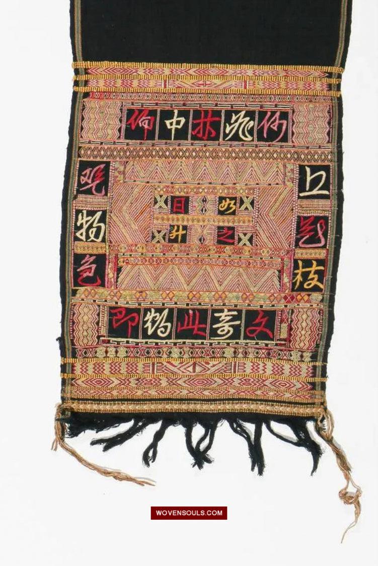 1613 Old Chinese Hainan Meifu Li Ethnic Minority Head wrap turban w Magenta Inscription-WOVENSOULS Antique Textiles &amp; Art Gallery