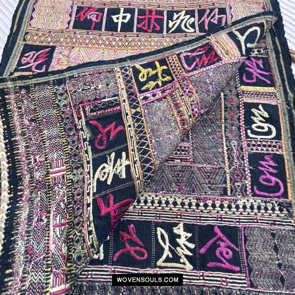 1613 Old Chinese Hainan Meifu Li Ethnic Minority Head wrap turban w Magenta Inscription-WOVENSOULS Antique Textiles &amp; Art Gallery