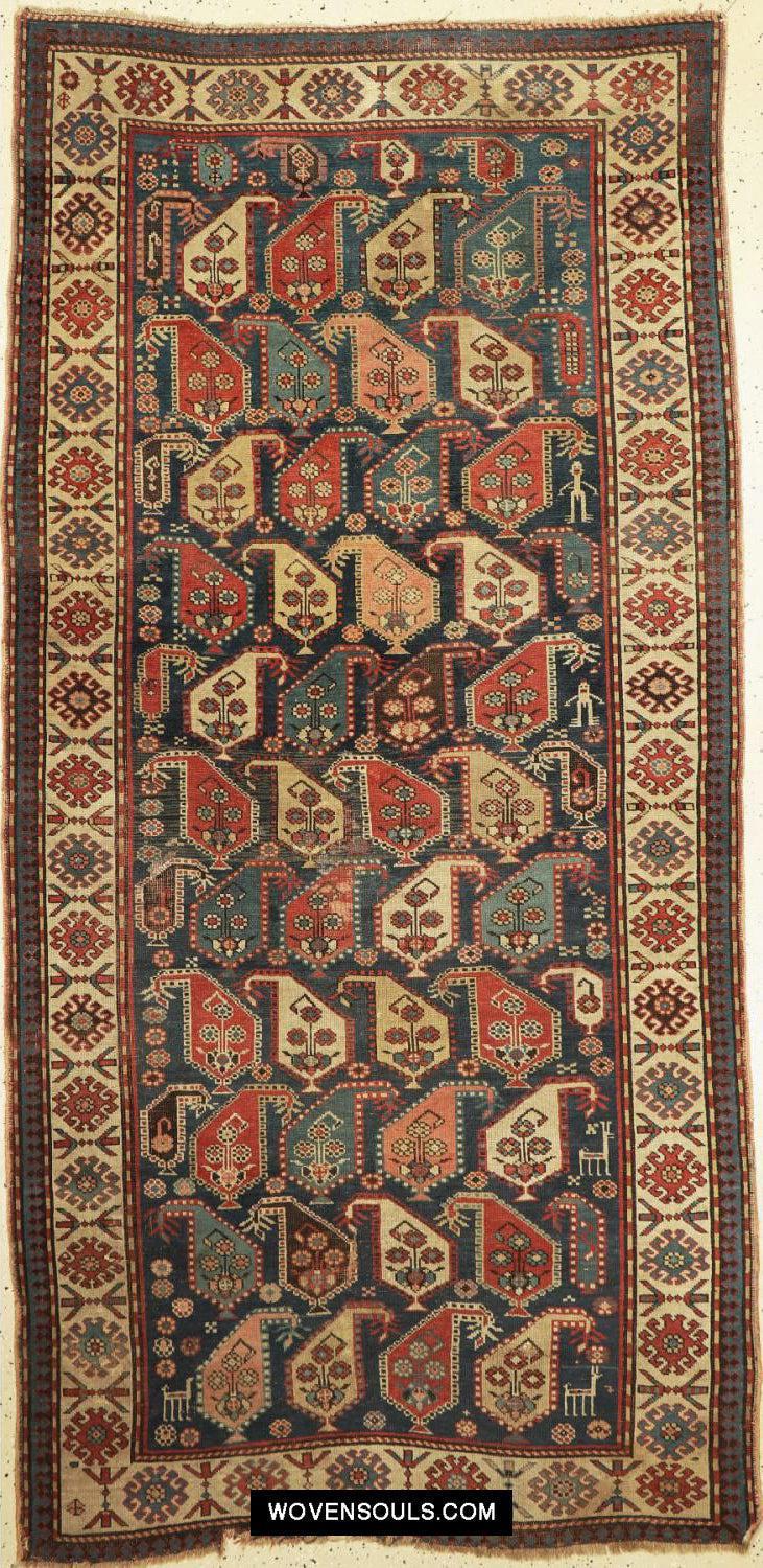 1645 Antique Gendge Boteh Rug with Figures-WOVENSOULS Antique Textiles &amp; Art Gallery