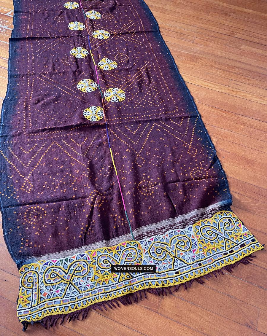 1689 Deep Maroon Rabari Ludhi Wedding Shawl Tie-dye & Embroidery 11 Florets-WOVENSOULS Antique Textiles &amp; Art Gallery