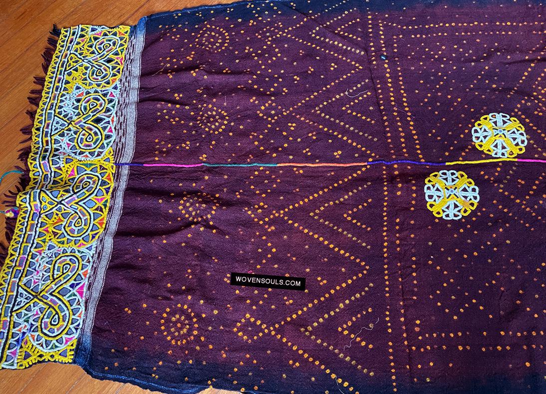 1689 Deep Maroon Rabari Ludhi Wedding Shawl Tie-dye & Embroidery 11 Florets-WOVENSOULS Antique Textiles &amp; Art Gallery