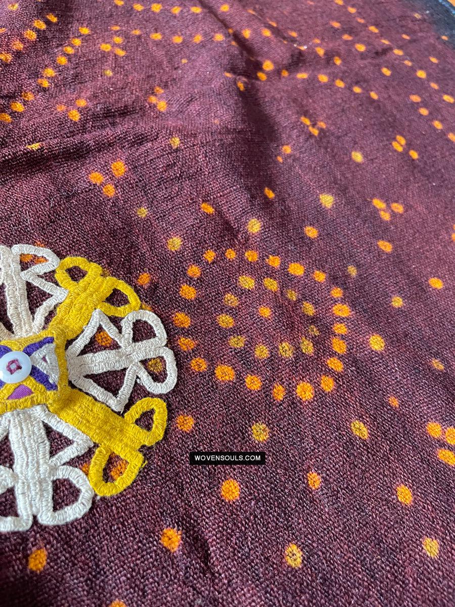 1689 Deep Maroon Rabari Ludhi Wedding Shawl Tie-dye & Embroidery 11 Florets-WOVENSOULS Antique Textiles &amp; Art Gallery