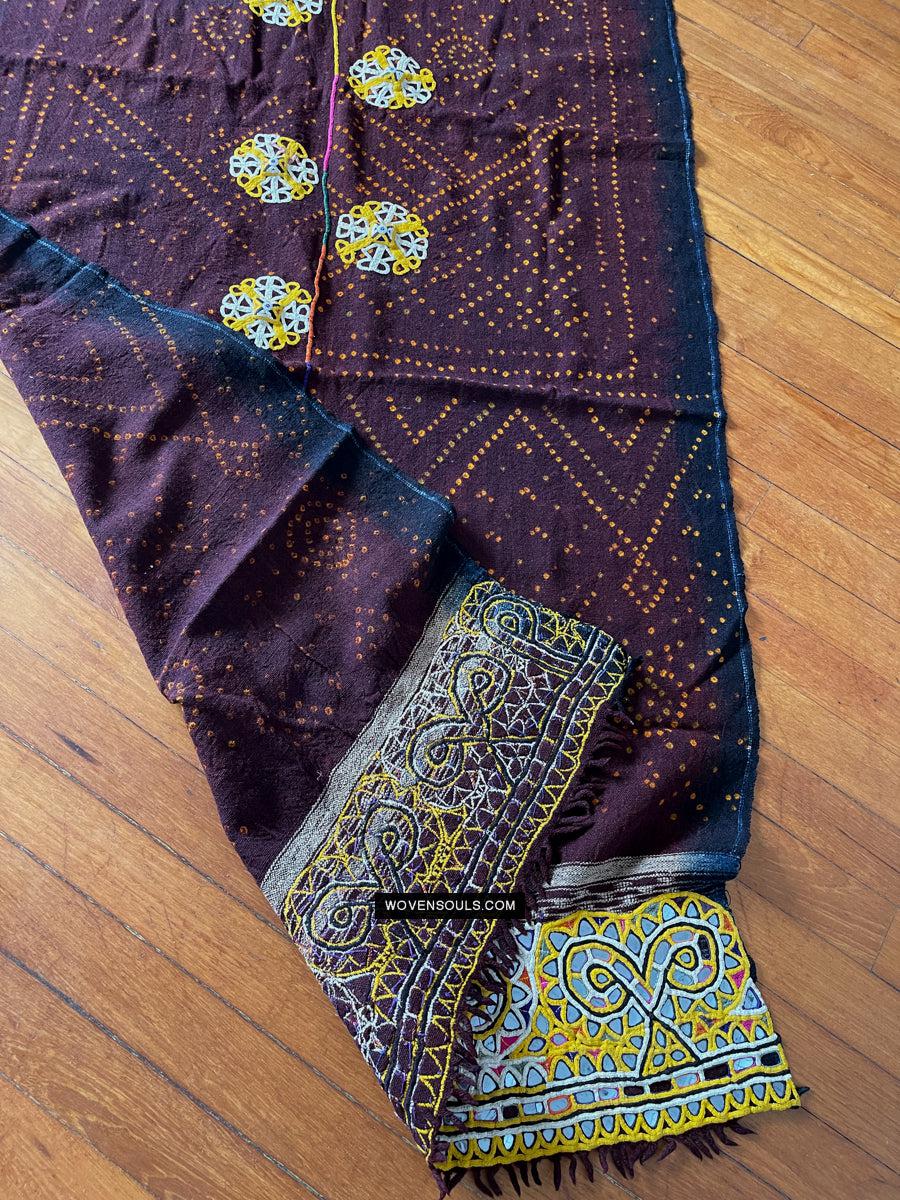 1689 Deep Maroon Rabari Ludhi Wedding Shawl Tie-dye & Embroidery 11 Florets-WOVENSOULS Antique Textiles &amp; Art Gallery