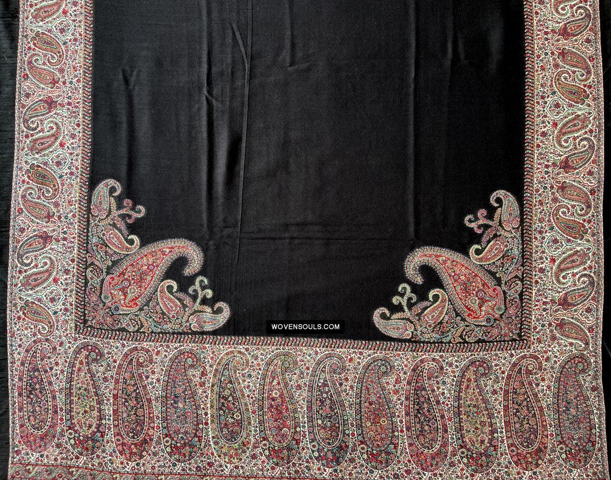 1695 Black Boteh Shawl from Kashmir - Recently Made-WOVENSOULS Antique Textiles &amp; Art Gallery