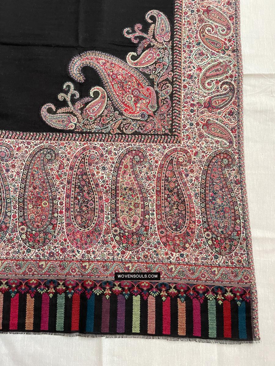 1695 Black Boteh Shawl from Kashmir - Recently Made-WOVENSOULS Antique Textiles &amp; Art Gallery