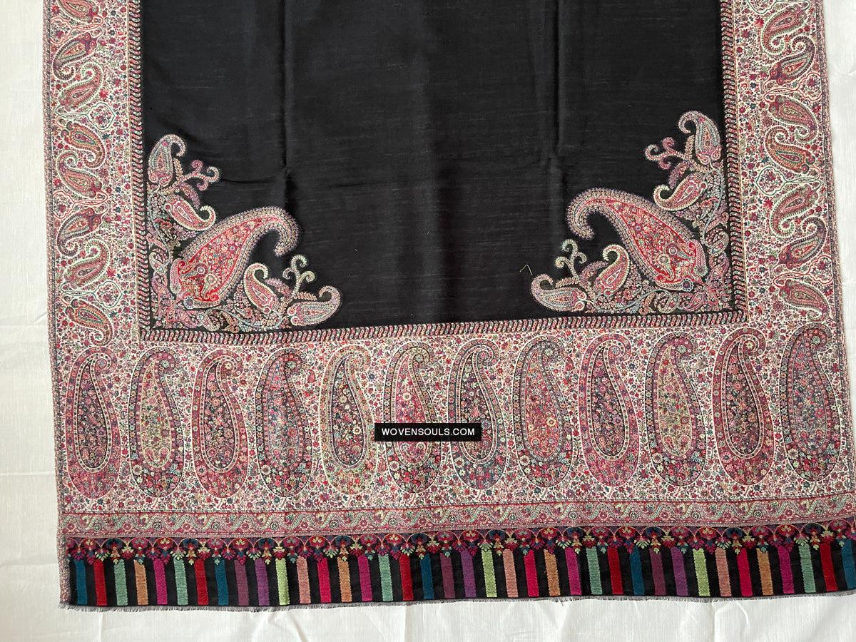 1695 Black Boteh Shawl from Kashmir - Recently Made-WOVENSOULS Antique Textiles &amp; Art Gallery