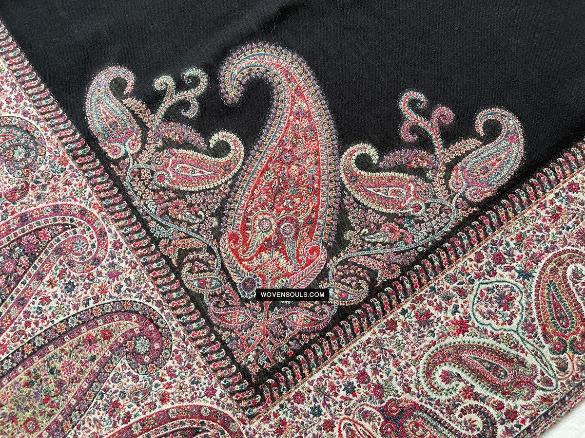 1695 Black Boteh Shawl from Kashmir - Recently Made-WOVENSOULS Antique Textiles &amp; Art Gallery