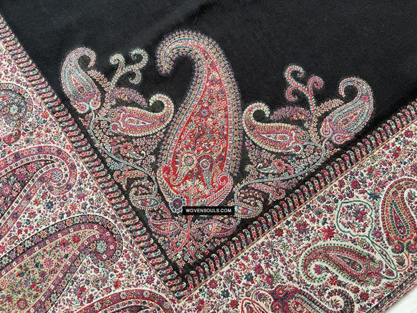 1695 Black Boteh Shawl from Kashmir - Recently Made-WOVENSOULS Antique Textiles & Art Gallery