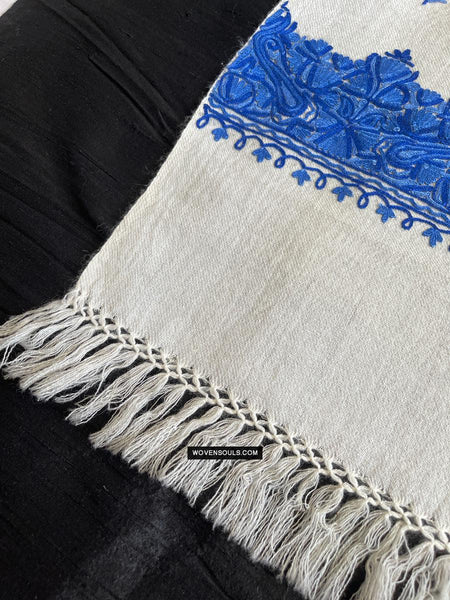 1698 White Embroidered Stole Shawl from Kashmir-WOVENSOULS Antique Textiles & Art Gallery