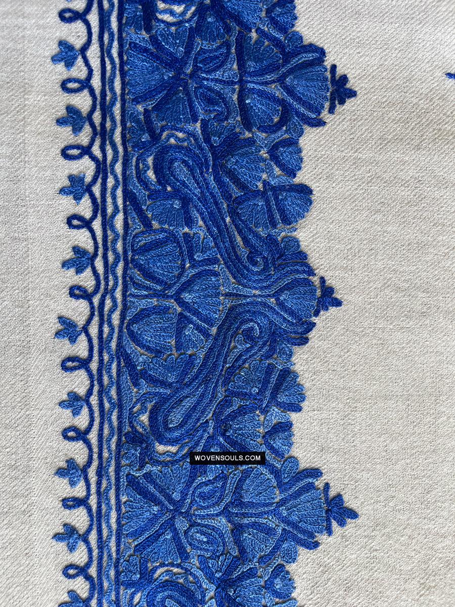 1698 White Embroidered Stole Shawl from Kashmir-WOVENSOULS Antique Textiles &amp; Art Gallery