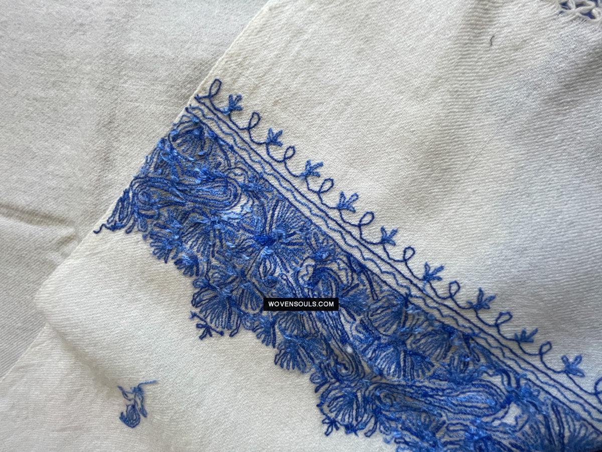 1698 White Embroidered Stole Shawl from Kashmir-WOVENSOULS Antique Textiles &amp; Art Gallery