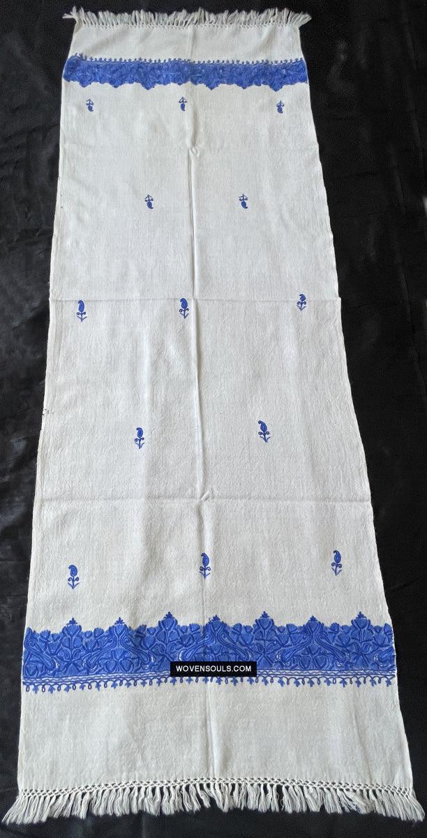 1698 White Embroidered Stole Shawl from Kashmir-WOVENSOULS Antique Textiles &amp; Art Gallery