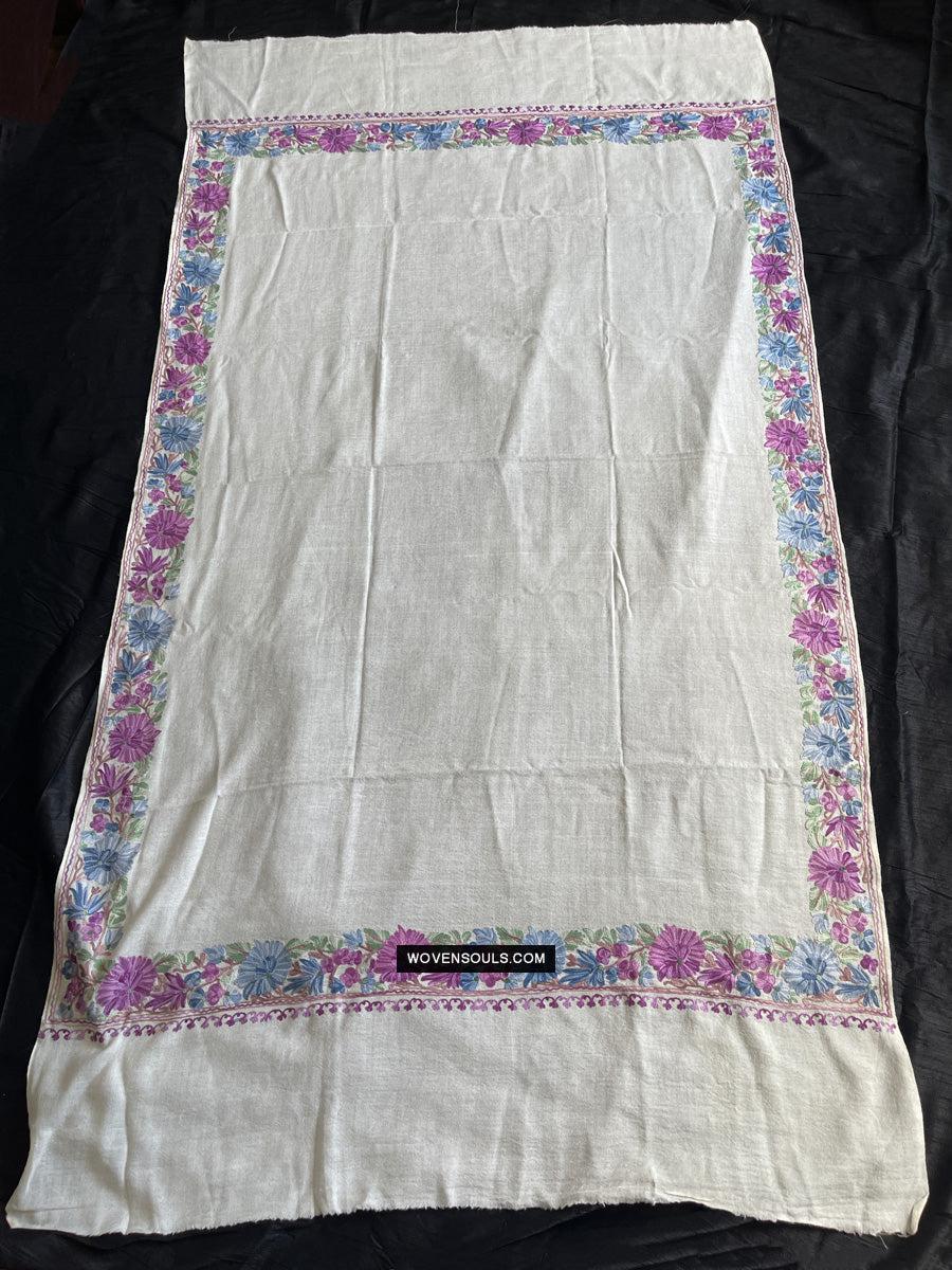 1699 White Embroidered Stole Shawl from Kashmir-WOVENSOULS Antique Textiles &amp; Art Gallery