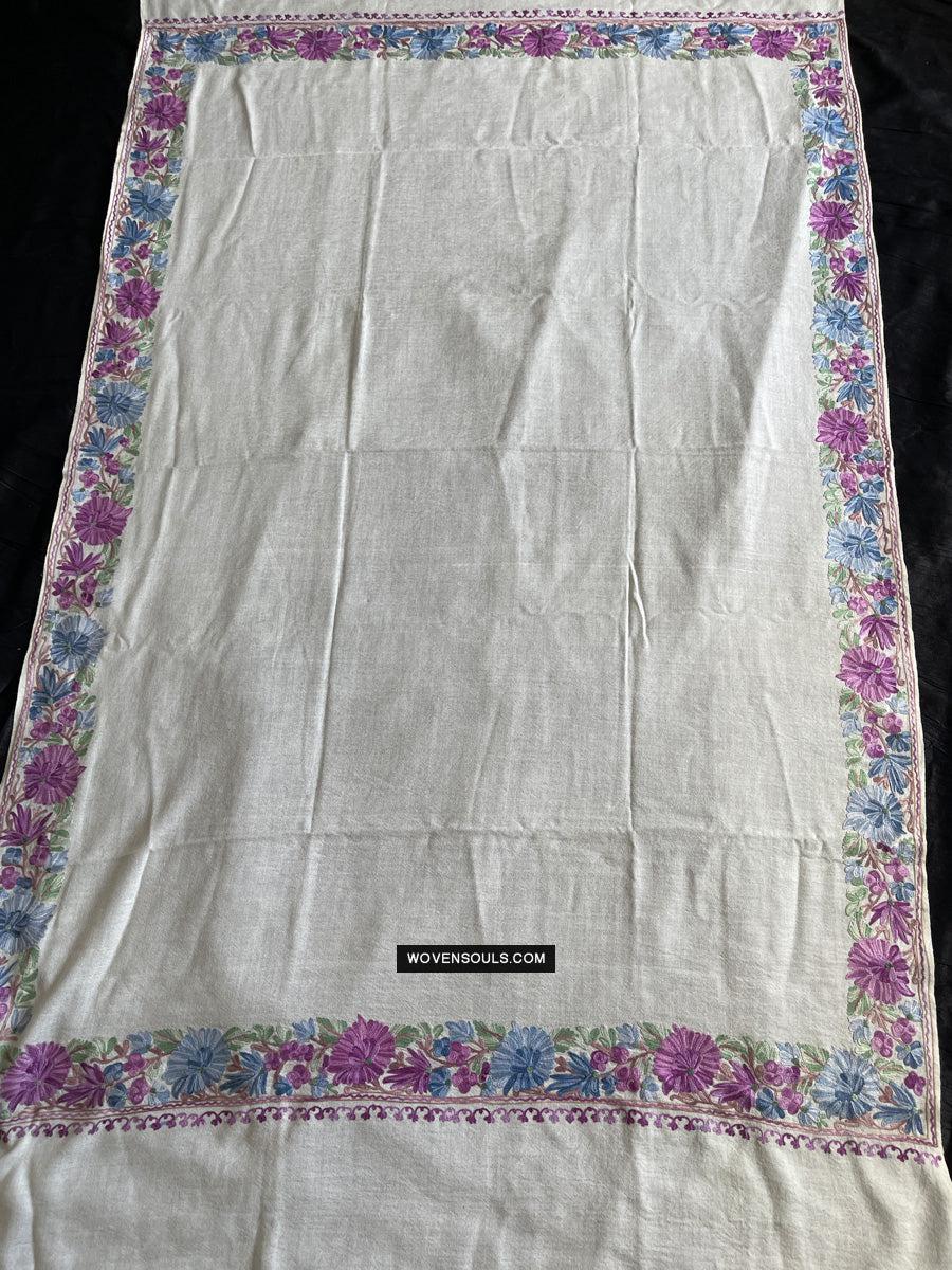 1699 White Embroidered Stole Shawl from Kashmir-WOVENSOULS Antique Textiles &amp; Art Gallery