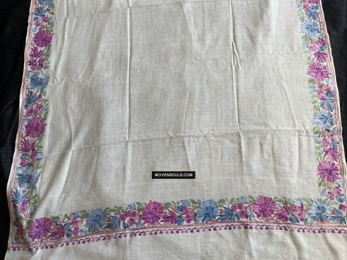 1699 White Embroidered Stole Shawl from Kashmir-WOVENSOULS Antique Textiles &amp; Art Gallery