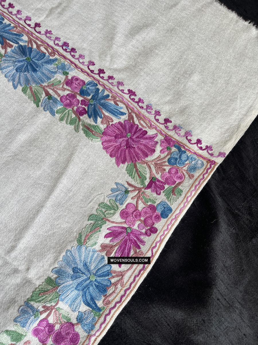 1699 White Embroidered Stole Shawl from Kashmir-WOVENSOULS Antique Textiles &amp; Art Gallery