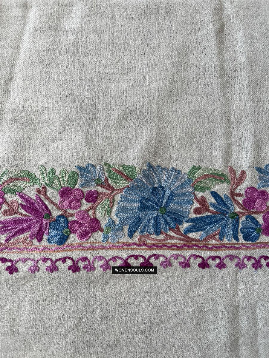 1699 White Embroidered Stole Shawl from Kashmir-WOVENSOULS Antique Textiles &amp; Art Gallery