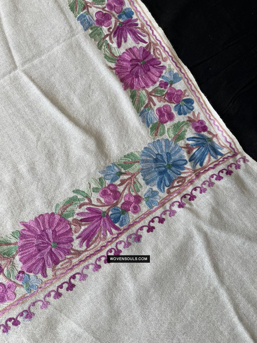 1699 White Embroidered Stole Shawl from Kashmir-WOVENSOULS Antique Textiles &amp; Art Gallery