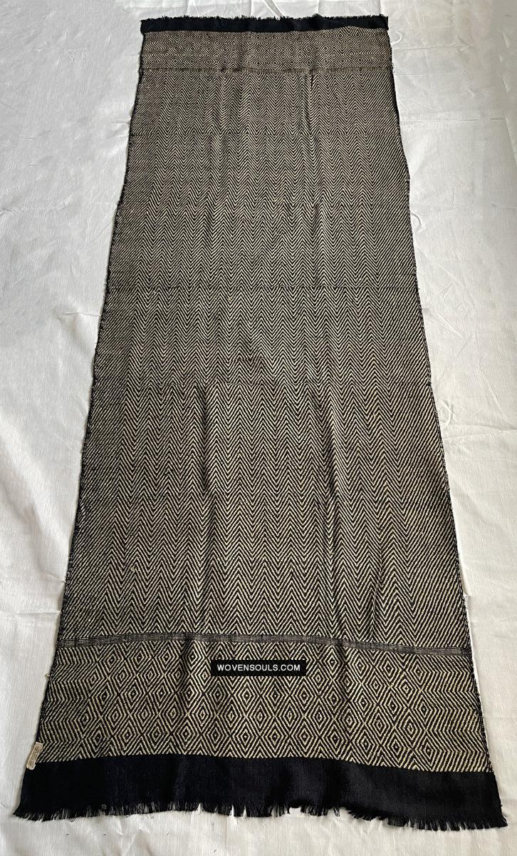 1703 Black Beige Herringbone Weave Shawl w Pashm-WOVENSOULS Antique Textiles &amp; Art Gallery