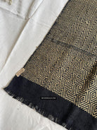 1703 Black Beige Herringbone Weave Shawl w Pashm-WOVENSOULS Antique Textiles &amp; Art Gallery