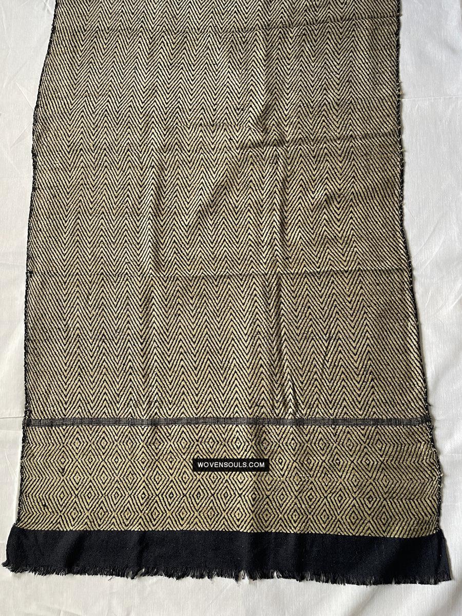 1703 Black Beige Herringbone Weave Shawl w Pashm-WOVENSOULS Antique Textiles &amp; Art Gallery