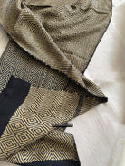 1703 Black Beige Herringbone Weave Shawl w Pashm-WOVENSOULS Antique Textiles &amp; Art Gallery