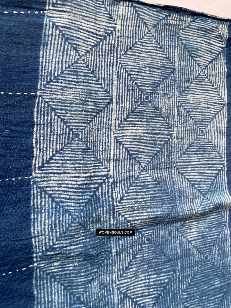 1706 Indigo Stole with Geometric Batik Print-WOVENSOULS Antique Textiles &amp; Art Gallery