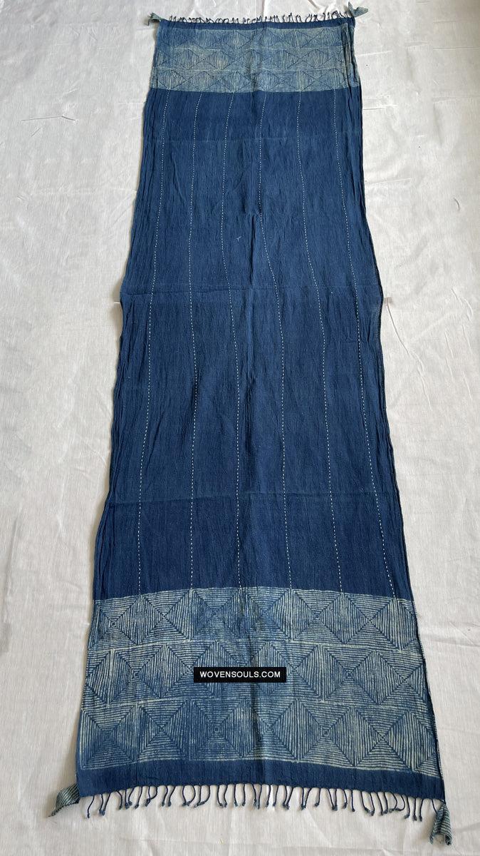 1706 Indigo Stole with Geometric Batik Print-WOVENSOULS Antique Textiles &amp; Art Gallery