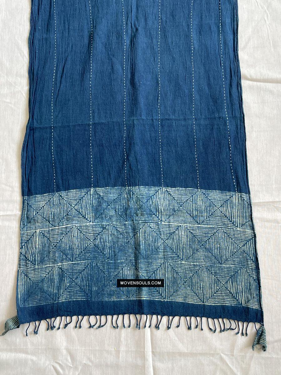 1706 Indigo Stole with Geometric Batik Print-WOVENSOULS Antique Textiles &amp; Art Gallery