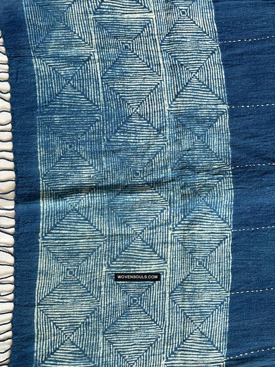 1706 Indigo Stole with Geometric Batik Print-WOVENSOULS Antique Textiles &amp; Art Gallery