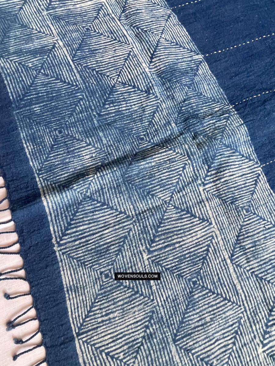 1706 Indigo Stole with Geometric Batik Print-WOVENSOULS Antique Textiles &amp; Art Gallery