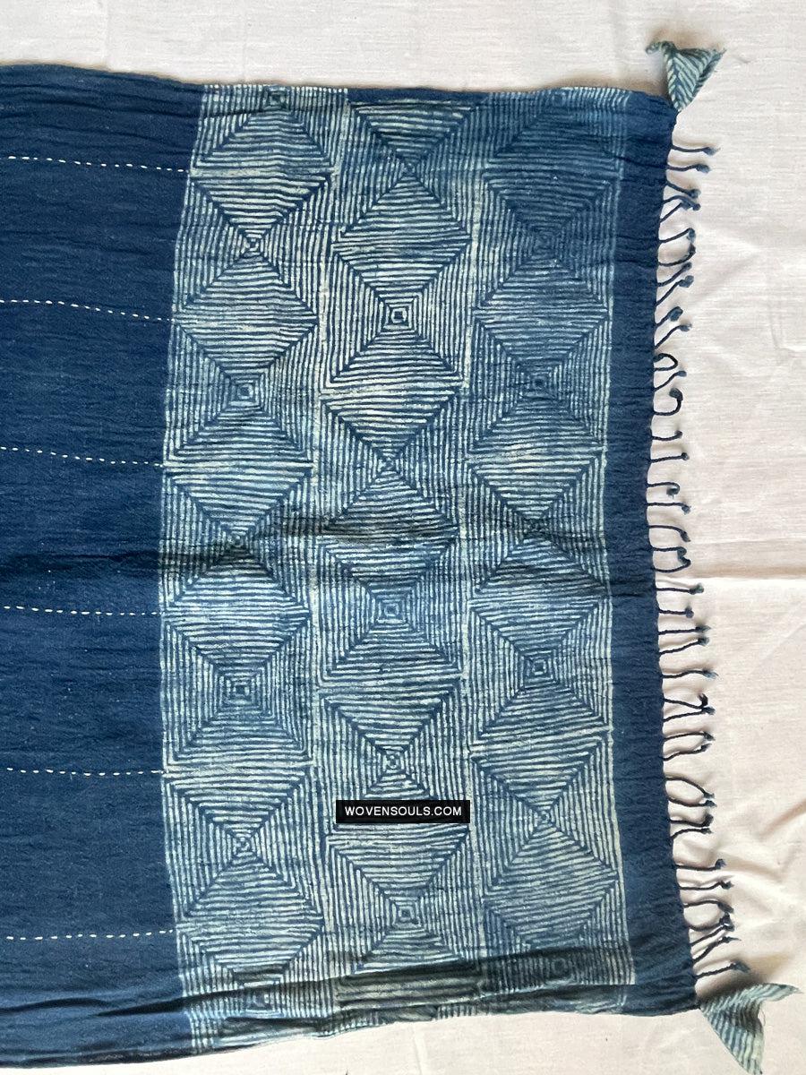 1706 Indigo Stole with Geometric Batik Print-WOVENSOULS Antique Textiles &amp; Art Gallery