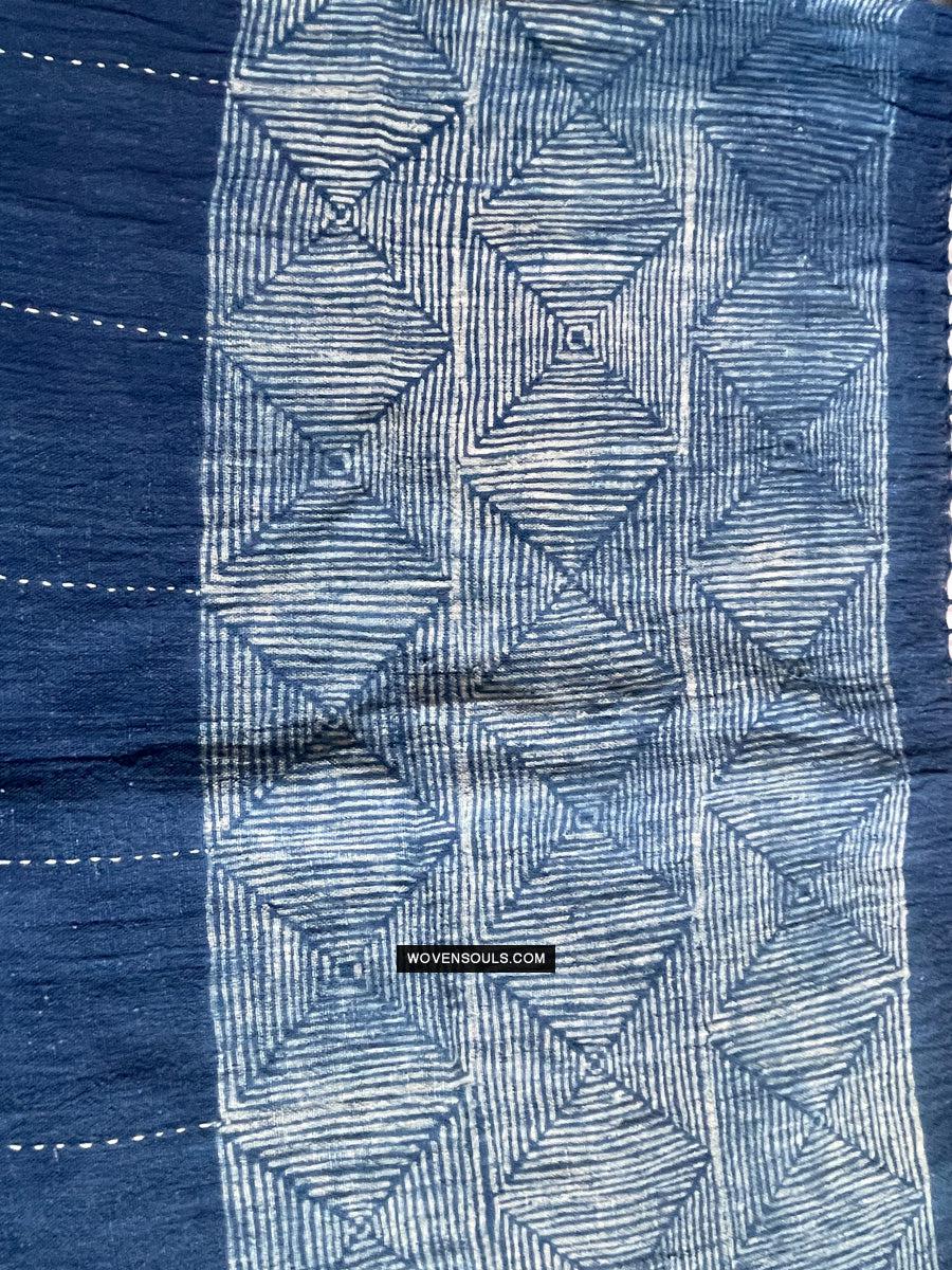 1706 Indigo Stole with Geometric Batik Print-WOVENSOULS Antique Textiles &amp; Art Gallery