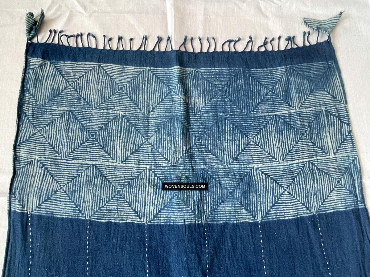 1706 Indigo Stole with Geometric Batik Print-WOVENSOULS Antique Textiles &amp; Art Gallery