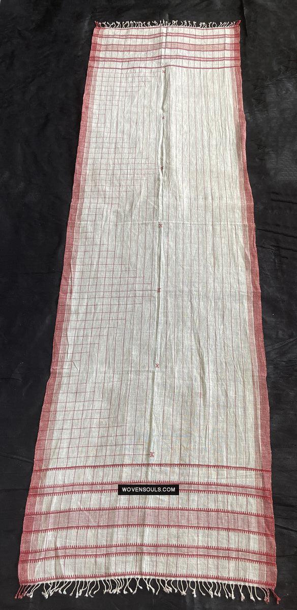 1707 White Handloom Cotton Stole with Geometric Weave-WOVENSOULS Antique Textiles &amp; Art Gallery