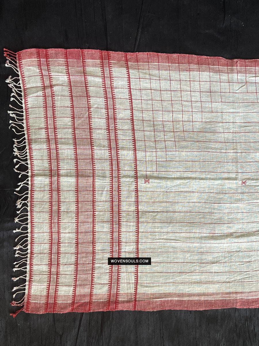 1707 White Handloom Cotton Stole with Geometric Weave-WOVENSOULS Antique Textiles &amp; Art Gallery