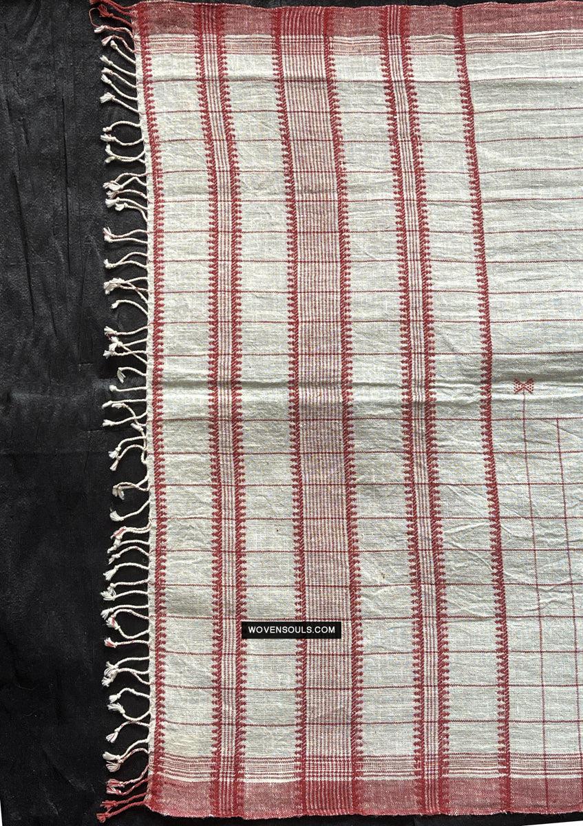 1707 White Handloom Cotton Stole with Geometric Weave-WOVENSOULS Antique Textiles &amp; Art Gallery