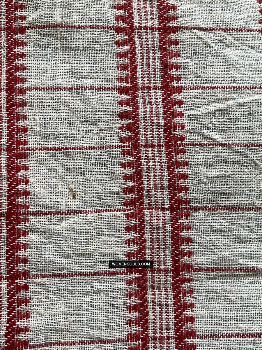 1707 White Handloom Cotton Stole with Geometric Weave-WOVENSOULS Antique Textiles &amp; Art Gallery